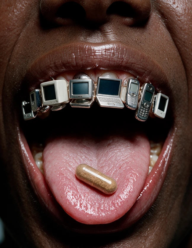 Open mouth with a row of tiny vintage computers and phones set like teeth, and a capsule resting on the tongue