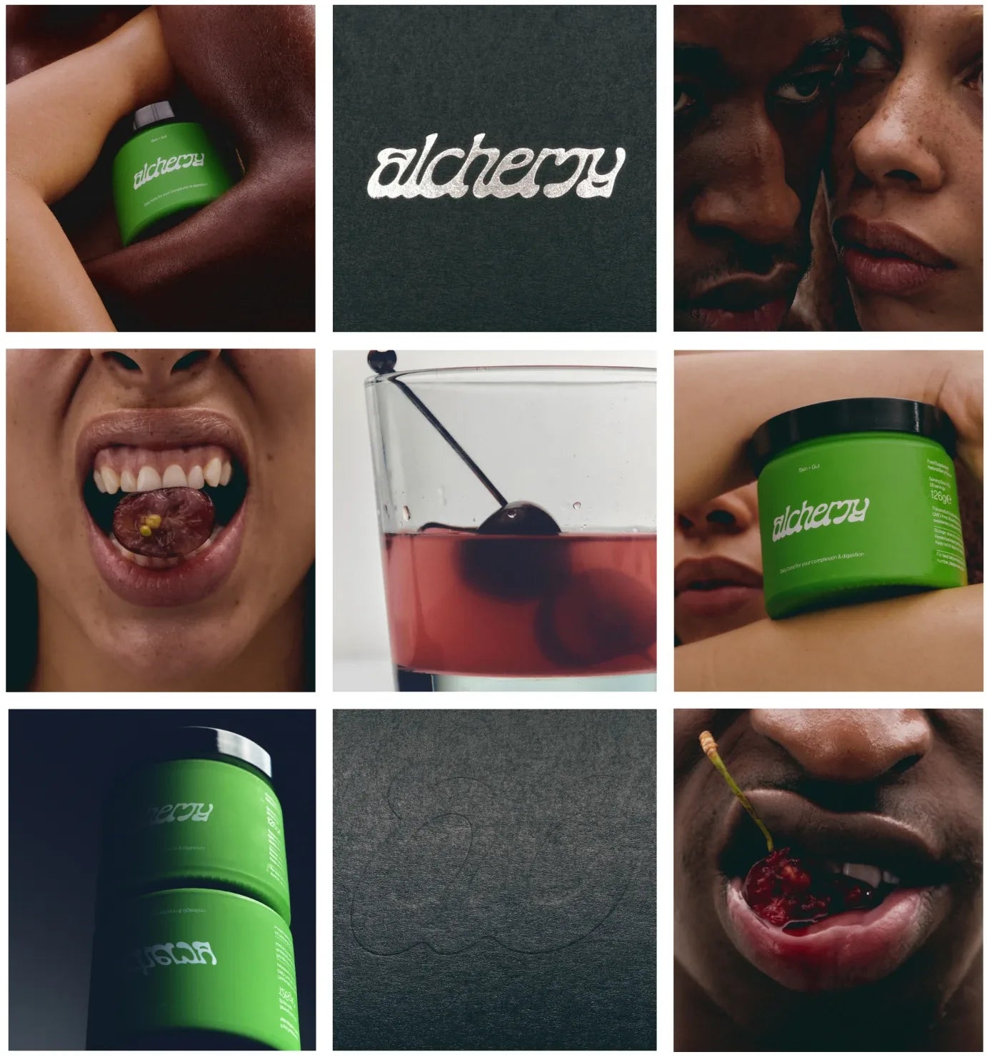 ALCHEMY moodboard: the green Skin + Gut jar, a glass of the pink drink, and close-up portraits.